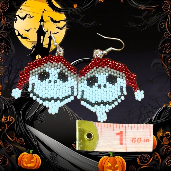 Hand Crafted Santa Hat Jack Skeleton Christmas Glass Seed Bead Earrings - Picture 3 of 3